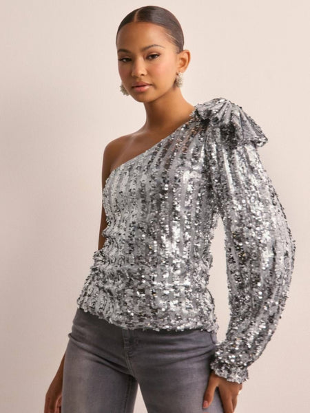 VM Silver Sequin One Shoulder Top