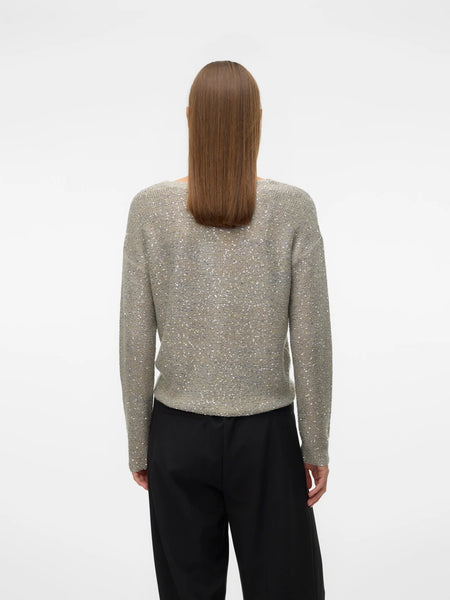 VM Sequin Vneck Knit Pullover In Grey