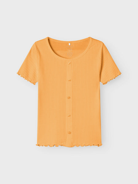 Girls Button Front Ribbed Tshirt In Orange