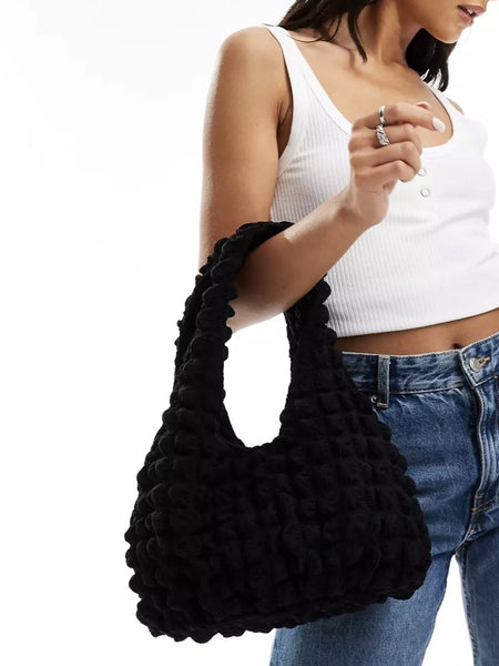 Pieces Black Textured Waffle Shoulder Bag