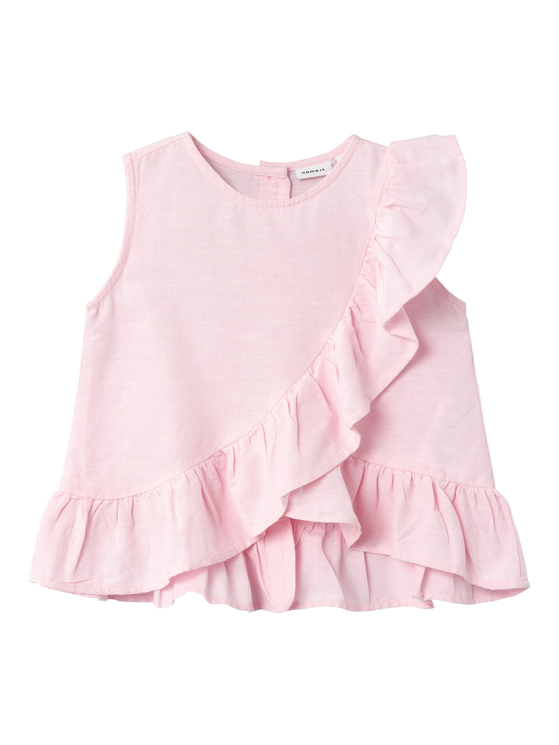 Girls Mini Pink Linen Ruffle Button Back Top