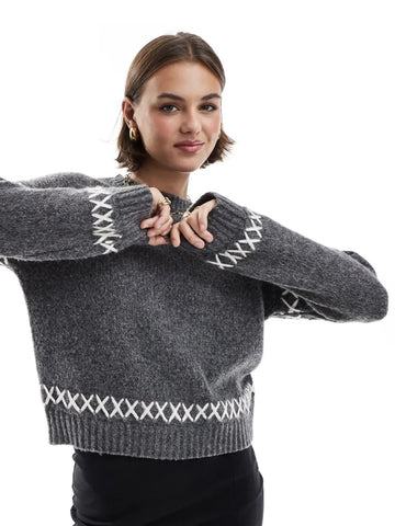 Only Contrast Stitch Chunky Jumper In Grey