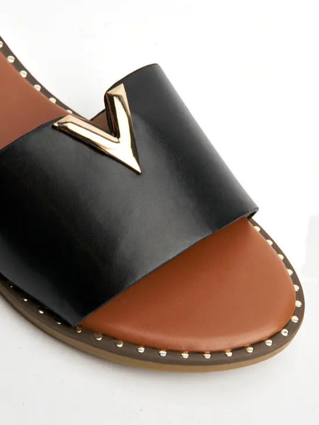 Faux Leather Slip-on Veena V Detail Sliders In Black