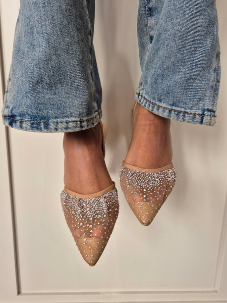 Diamante Mesh Slingbacks In Nude