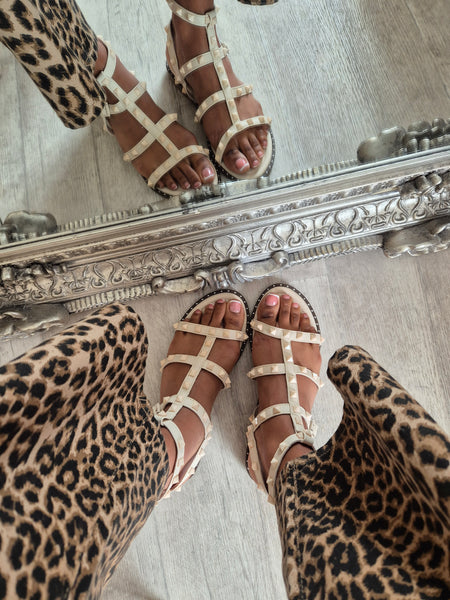 Faux Leather Studded Gladiator Sandals In Beige