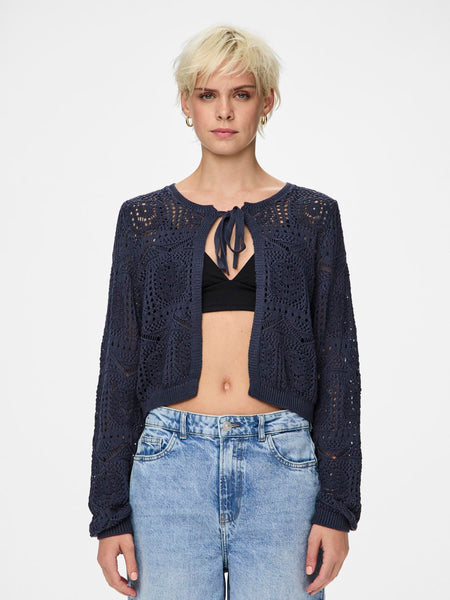 Pieces Crochet Tie Front Knitted Cardigan In Navy