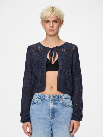 Pieces Crochet Tie Front Knitted Cardigan In Navy