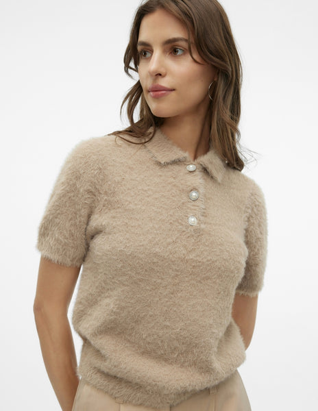 VM Short Sleeve Collared Fluffy Polo Neck Pullover