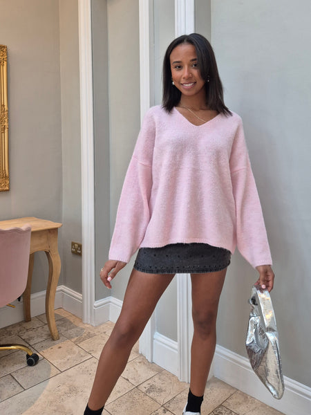 Pieces Pink Oversized Vneck Knit Jumper