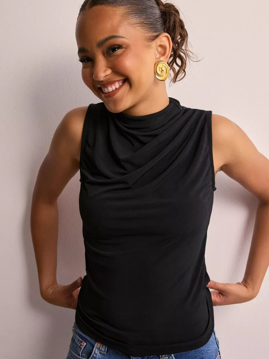 Pieces Sleeveless Draped Neck Top In Black