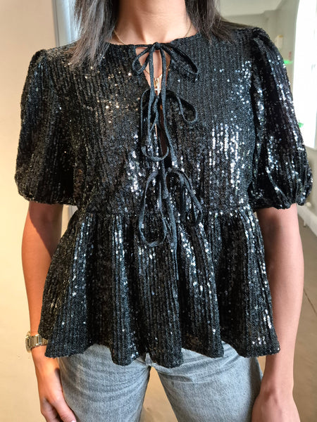 Pieces Black Sequin Tie Front Top