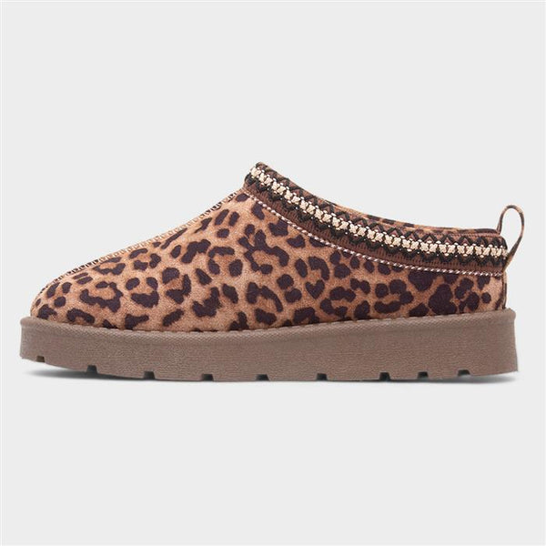 Embroidered Slip On Cosy Taz Slipper Shoe In Leopard