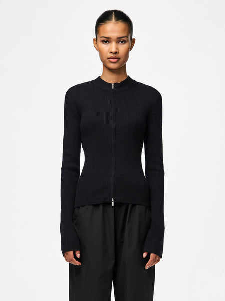 Pieces Ribbed Zip Front Cardigan In Black