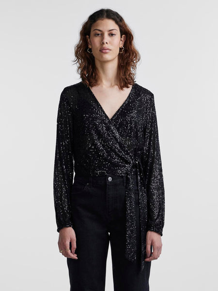 Pieces Long Sleeve Black Sequin Wrap Top