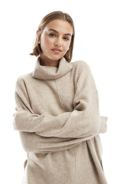 Pieces Roll Neck Jumper With Seam Detail In Beige