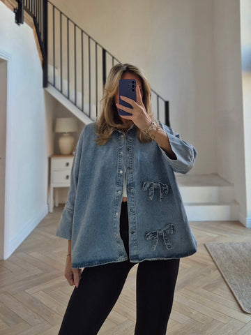 Only Bow Denim Oversized 3/4 Sleeve Shirt