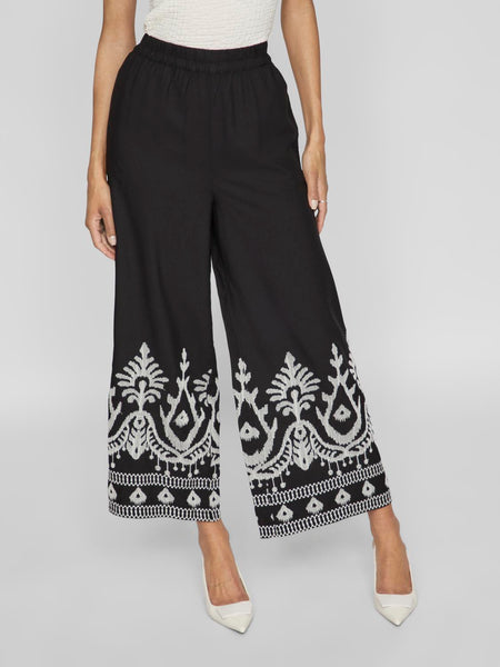 Vila Black Cropped Embroidered Trousers