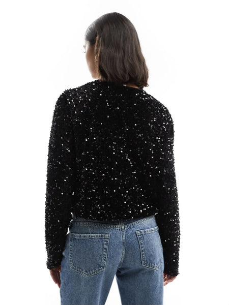 Only Sequin Long Sleeve Tie Front Reversible Top In Black