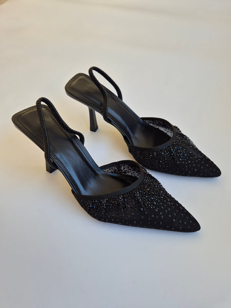 Diamante Mesh Slingbacks In Black