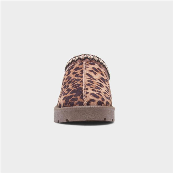 Embroidered Slip On Cosy Taz Slipper Shoe In Leopard