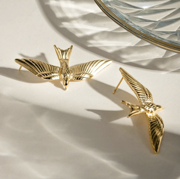 Gold Swallow Stainless Steel Stud Earrings