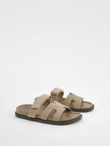 Caged Cut Out Faux Suede Sliders In Mink