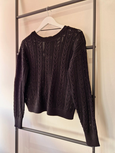 VM Black Long Sleeve Tie Back Open Knit Top