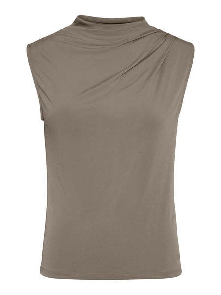 Pieces Sleeveless Draped Neck Top In Taupe