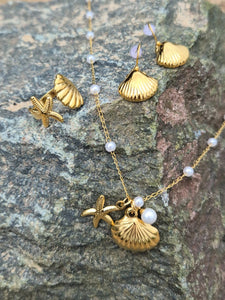 Gold Seashell Necklace, Earring & Ring Set