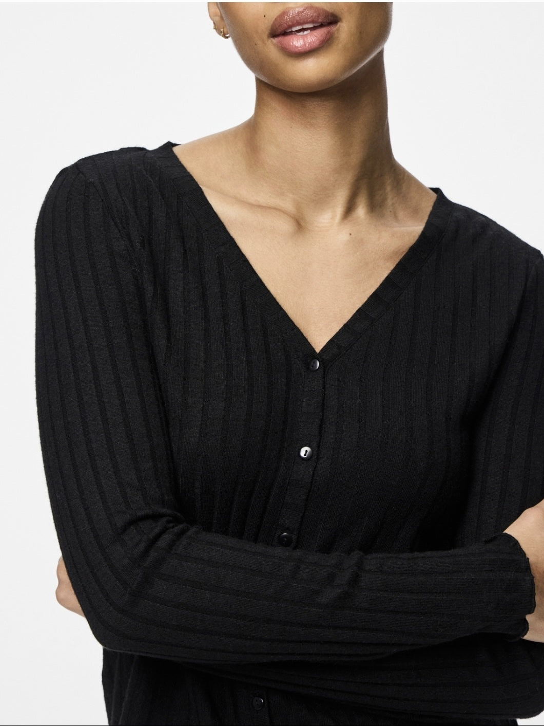 Pieces Button Front V-Neck Long Sleeve Top In Black