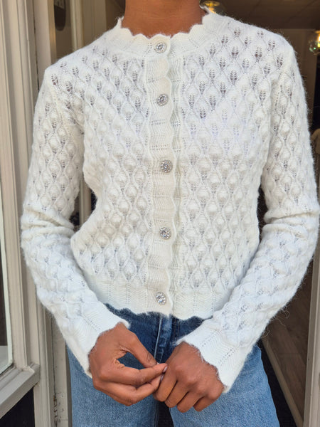 Aware Jewelled Button Knit Cardigan In White