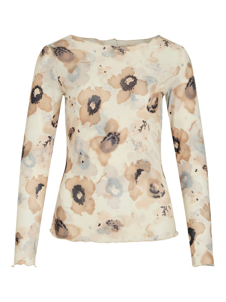 Vila Floral Watercolour Mesh Long Sleeve Top