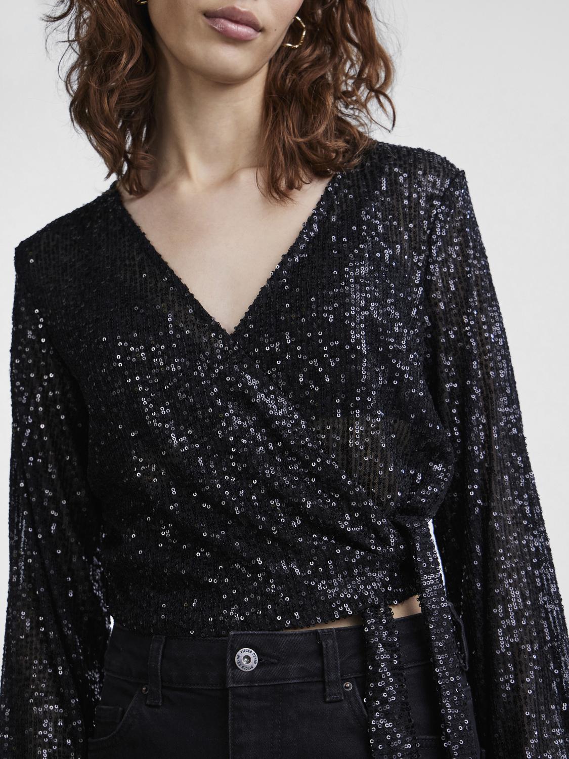 Pieces Long Sleeve Black Sequin Wrap Top