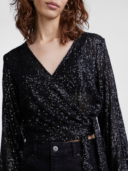 Pieces Long Sleeve Black Sequin Wrap Top