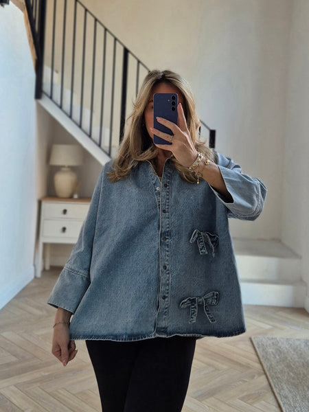 Only Bow Denim Oversized 3/4 Sleeve Shirt