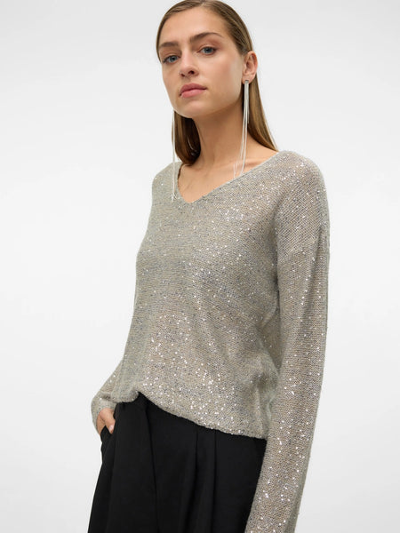 VM Sequin Vneck Knit Pullover In Grey