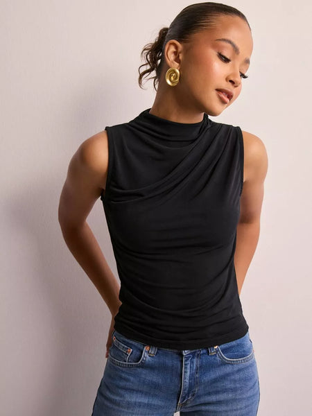 Pieces Sleeveless Draped Neck Top In Black