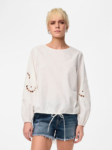 Pieces White Embroidered Long Sleeve Blouse