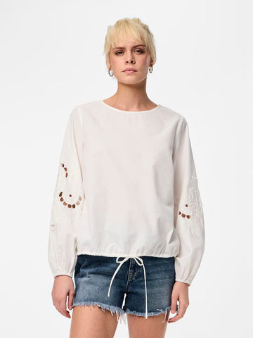 Pieces White Embroidered Long Sleeve Blouse