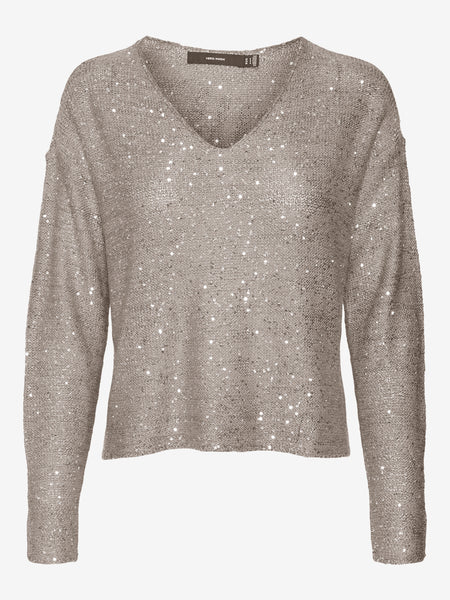 VM Sequin Vneck Knit Pullover In Grey